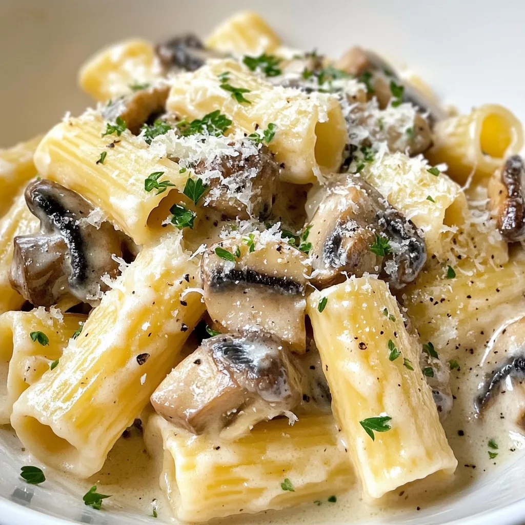 Three-Mushroom Alfredo Rigatoni Creamy Comfort Dish