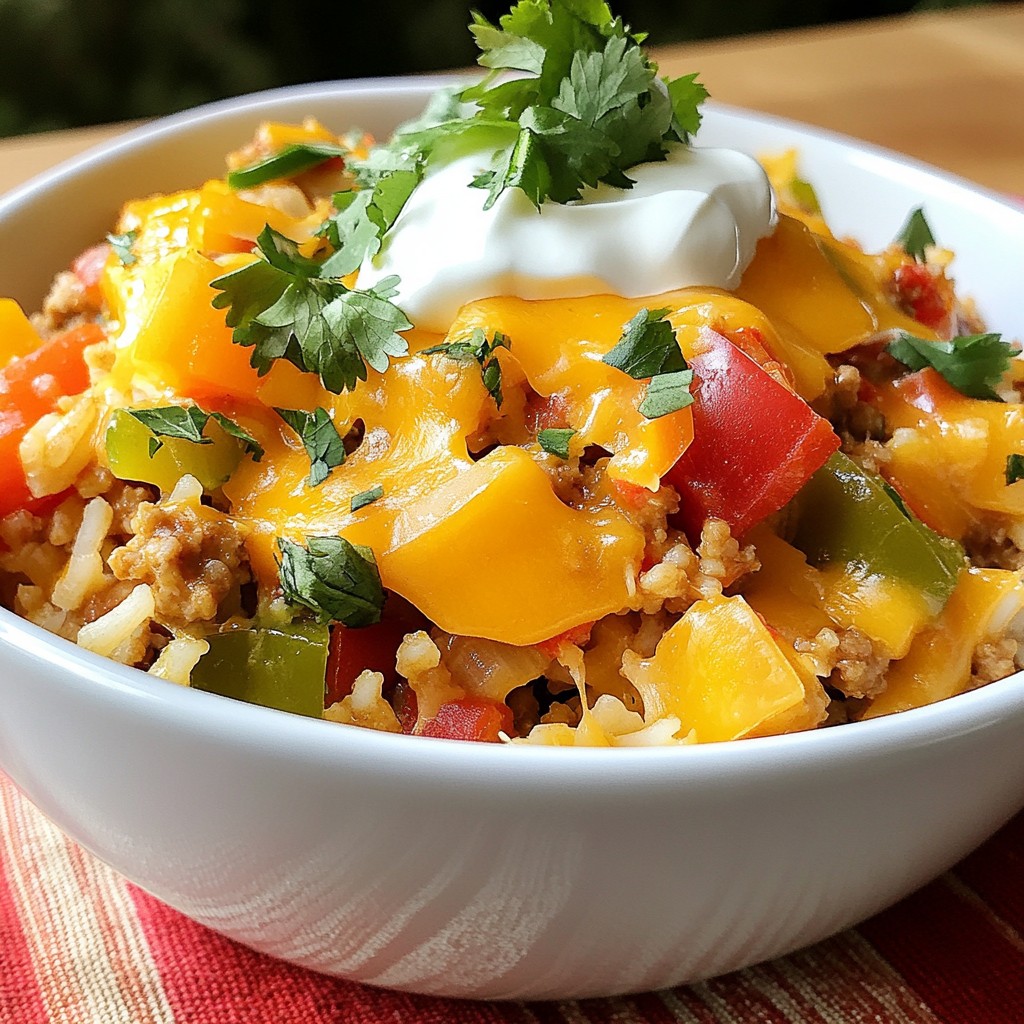 Cheesy Tex-Mex Turkey Ham and Rice Skillet Delight